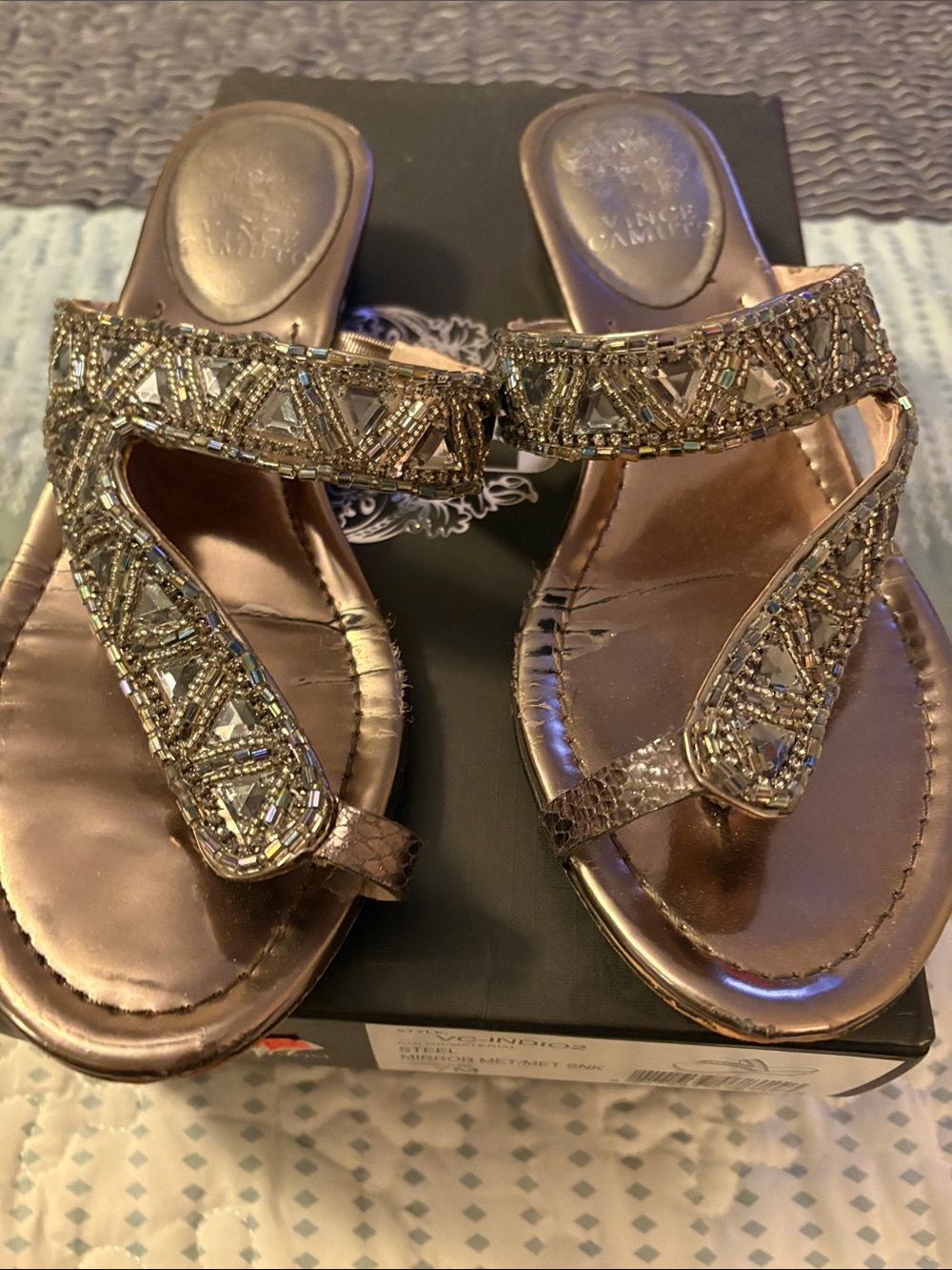 Vince Camuto Metallic Bronze Jeweled T-Strap Sandals